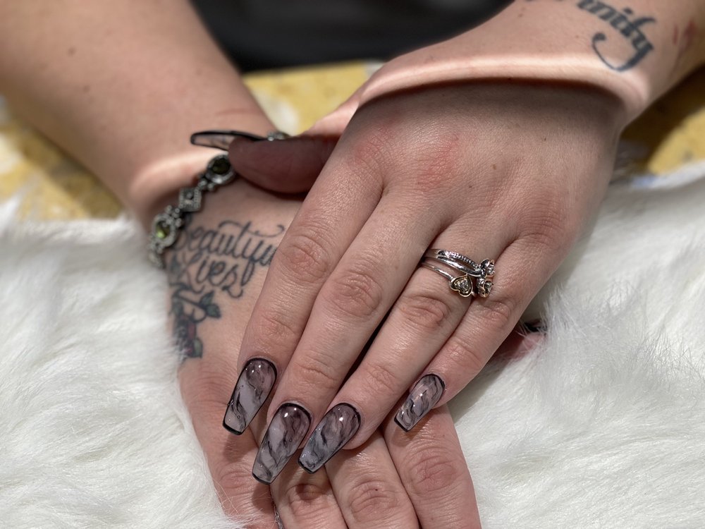 Smoky black marble coffin nails by Pleasant Nails & Spa in Grand Rapids