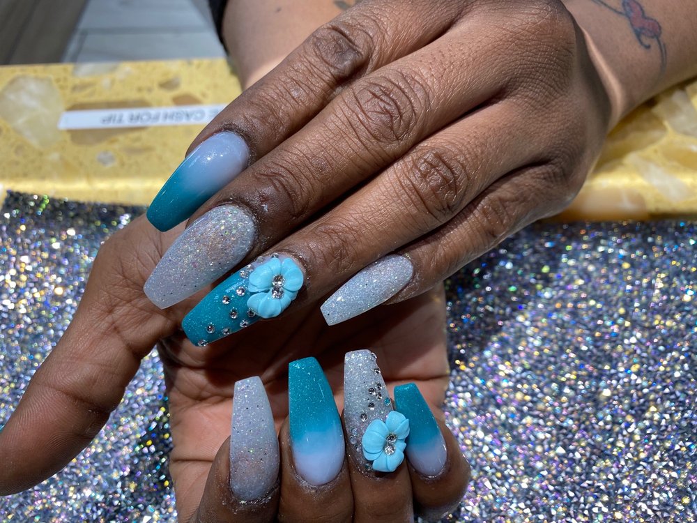 Teal ombré nails with 3D flowers and crystals by Pleasant Nails & Spa